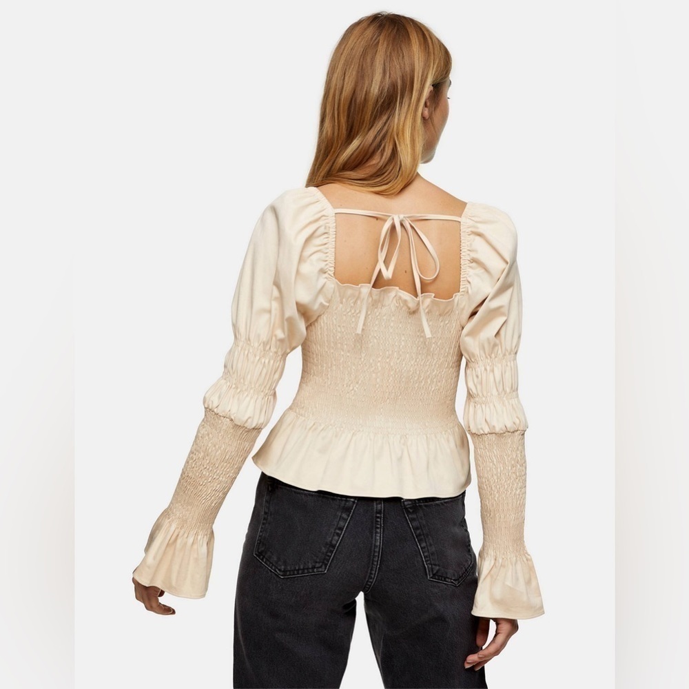 Topshop milkmaid shirred blouse long sleeve statement unique neutral office - Picture 2 of 6
